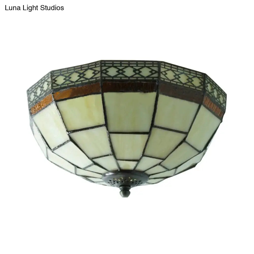 Tiffany 2-Light Beige Flush Mount Ceiling Light With Art Glass Dome Shade For Bedroom