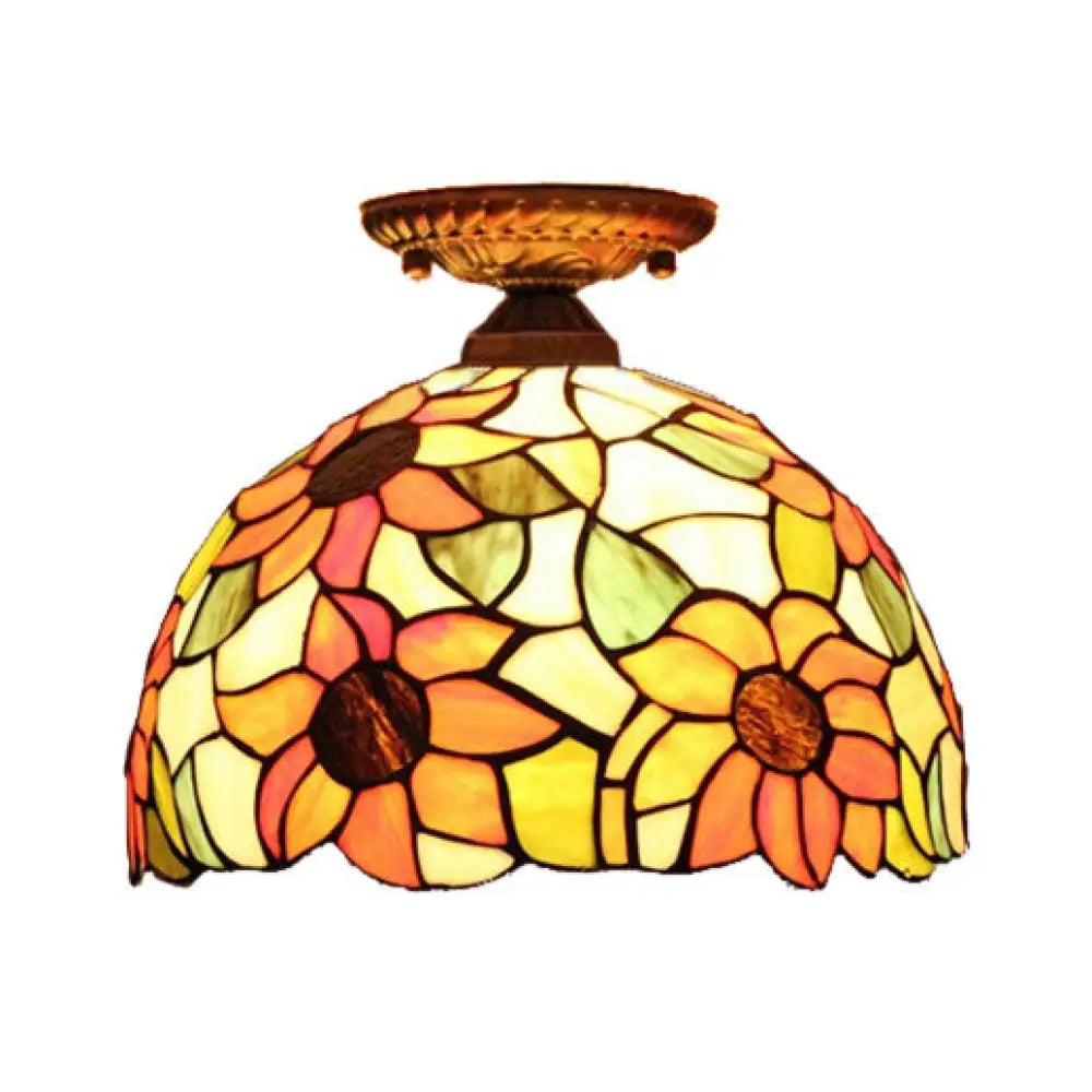Tiffany 2-Light Domed Semi Flush Mount Ceiling Light With Sunflower Pattern In Brass/Bronze -