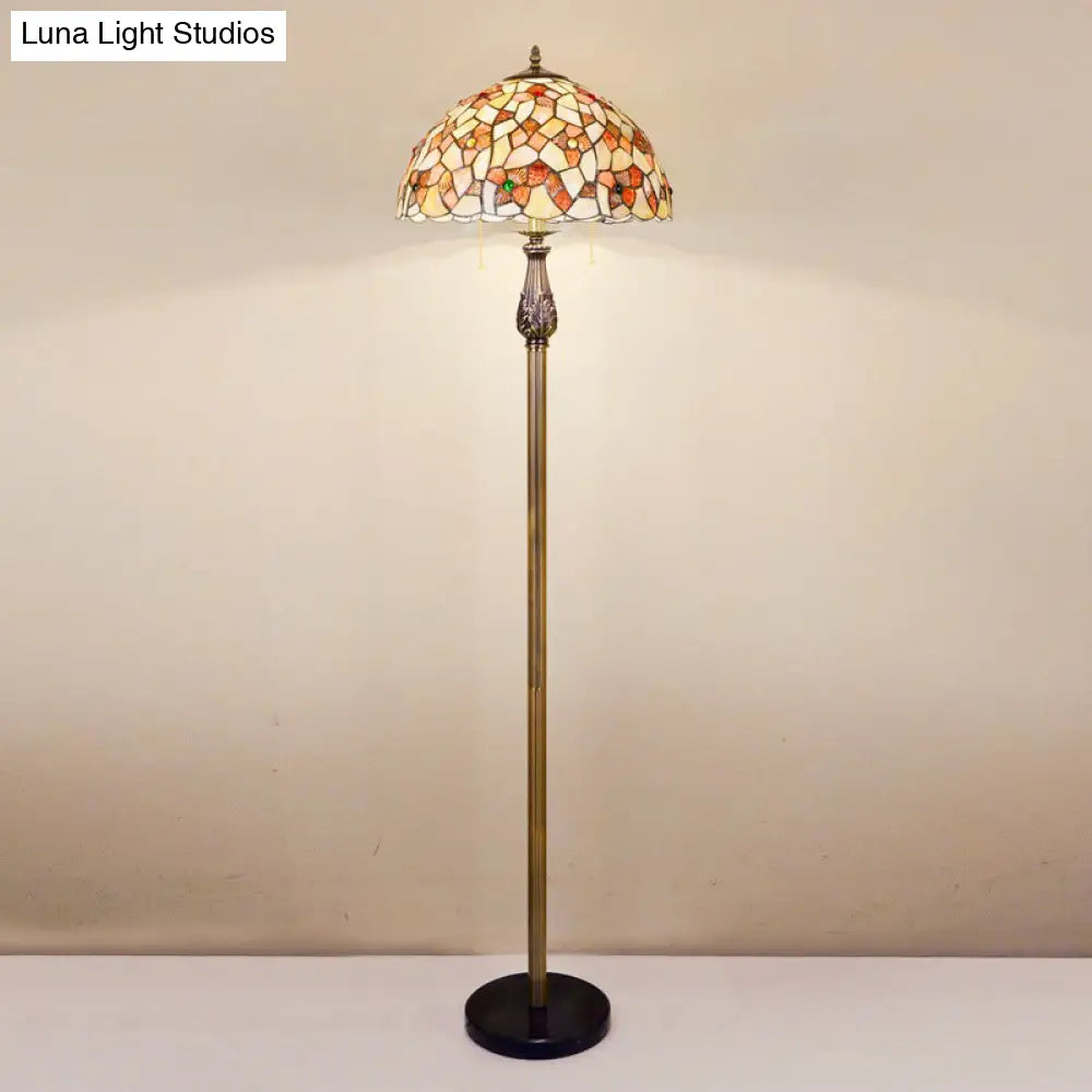 Tiffany 2-Light Shell Pull Chain Floor Lamp With Blossom Design - White