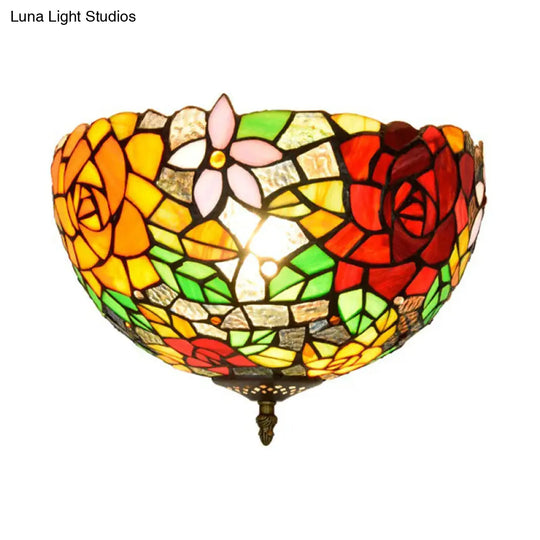 Tiffany 2-Light Stained Glass Floral Ceiling Fixture Brass Flush Mount For Bedroom