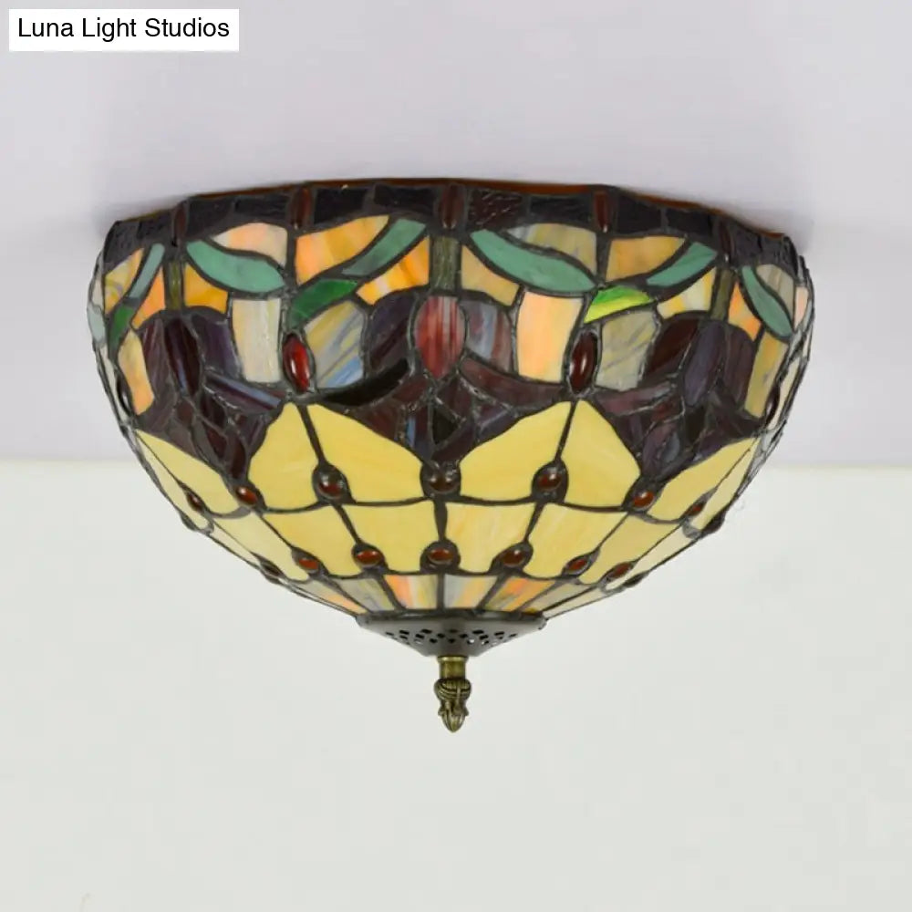 Tiffany 2-Light Stained Glass Floral Ceiling Fixture – Brass Flush Mount For Bedroom