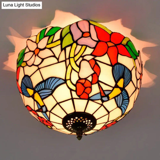 Tiffany 2-Light Stained Glass Floral Ceiling Fixture Brass Flush Mount For Bedroom