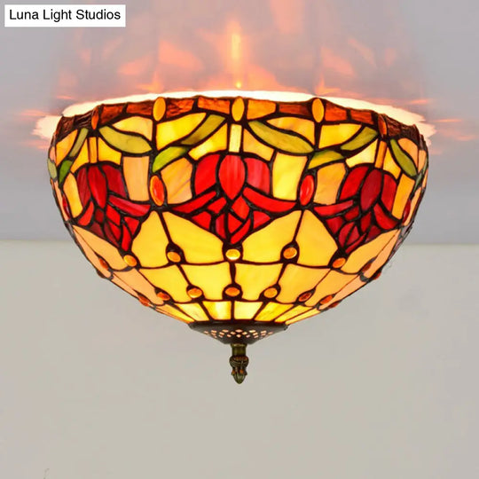 Tiffany 2-Light Stained Glass Floral Ceiling Fixture Brass Flush Mount For Bedroom / D