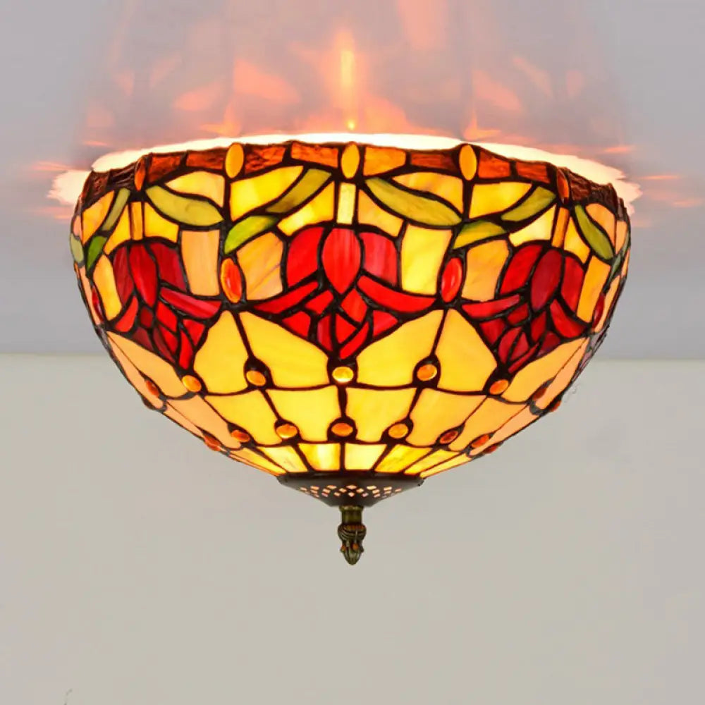 Tiffany 2-Light Stained Glass Floral Ceiling Fixture – Brass Flush Mount For Bedroom / D