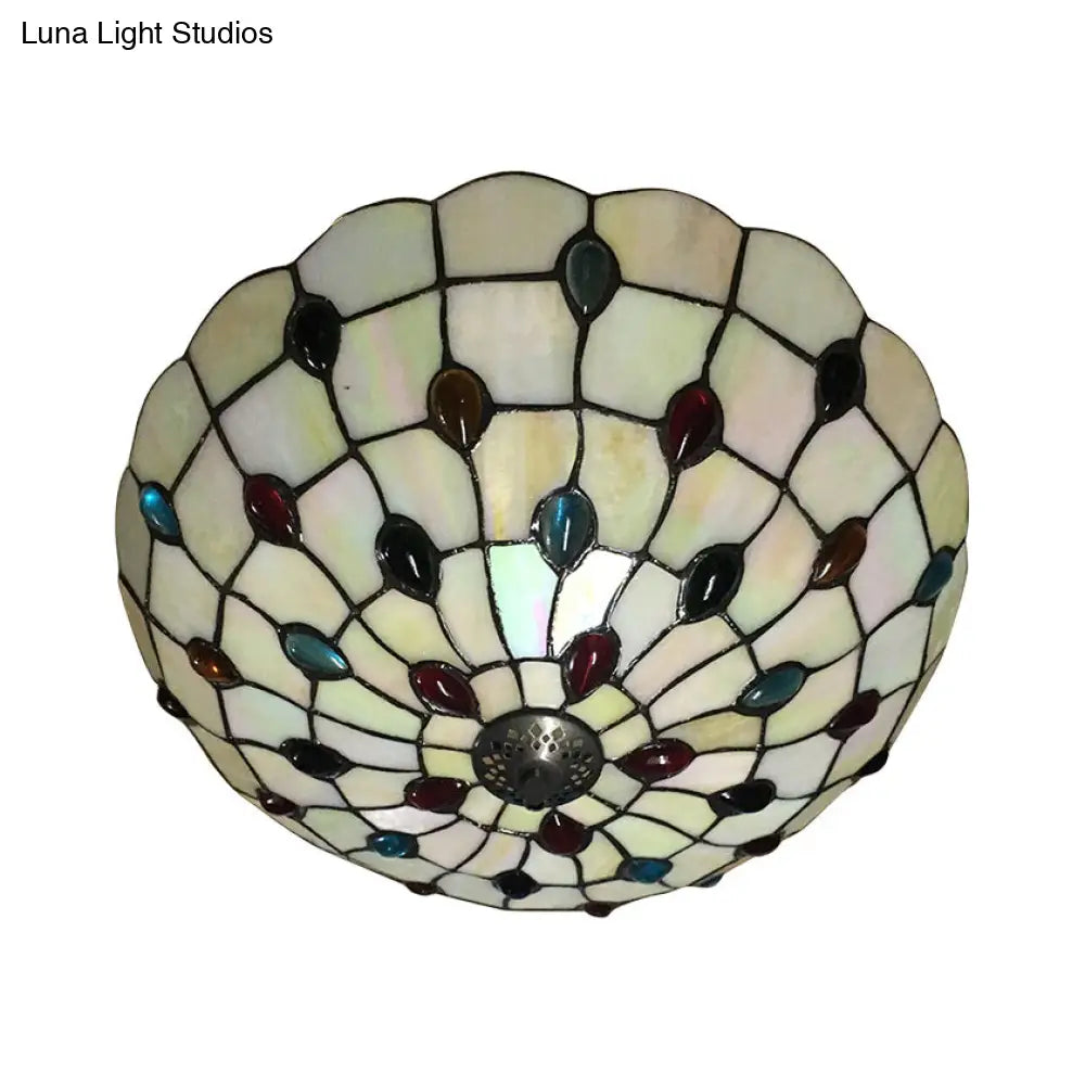 Tiffany 3-Light Beige Flush Mount Ceiling Light For Bedroom With Colorful Jewel And Floral Shade