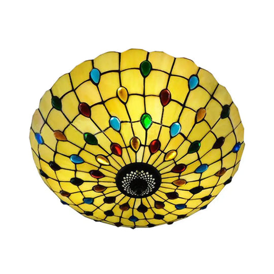 Tiffany 3-Light Beige Flush Mount Ceiling Light For Bedroom With Colorful Jewel And Floral Shade