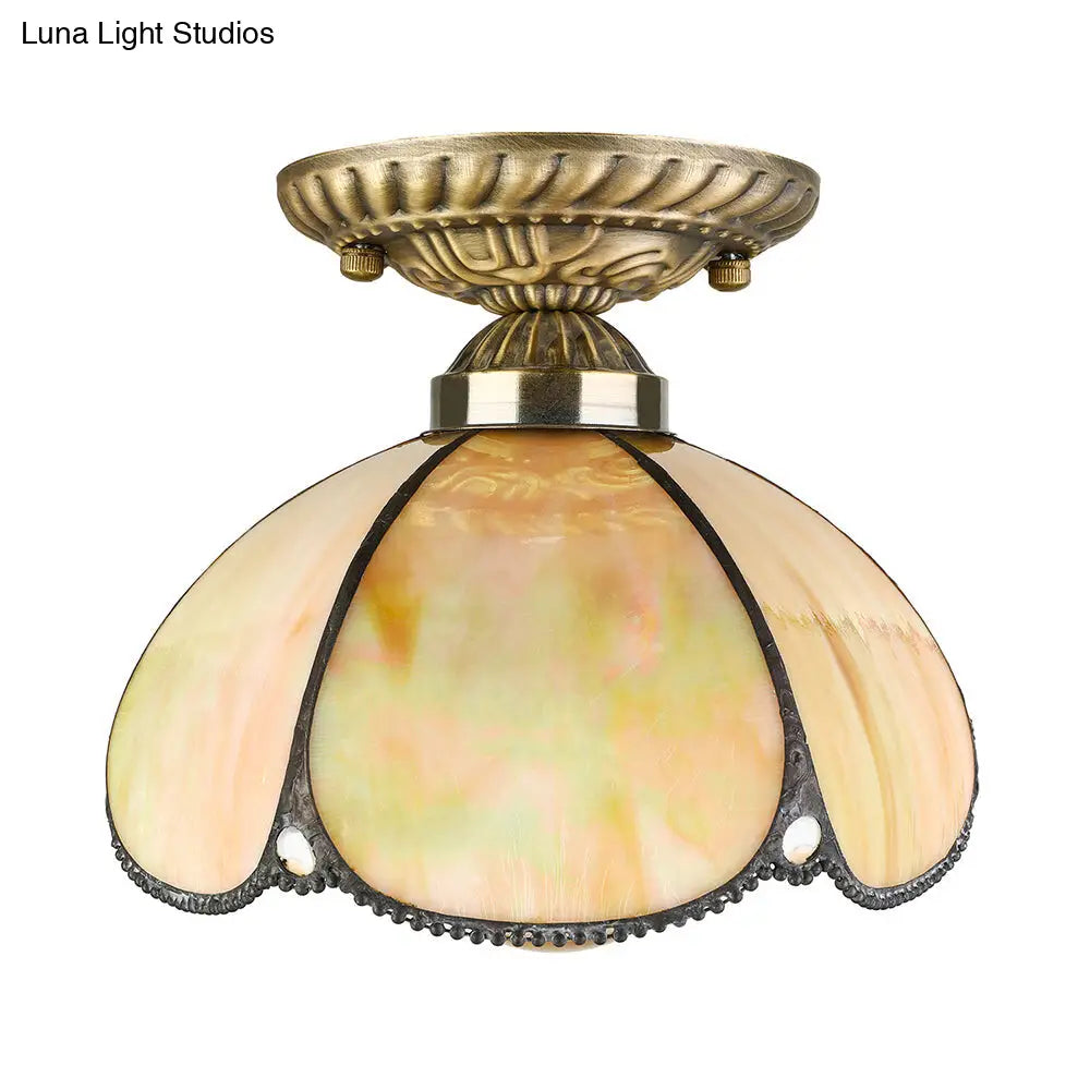 Tiffany Antique Art Glass Ceiling Light For Kitchen - Beige Domed Mount With 1 Head