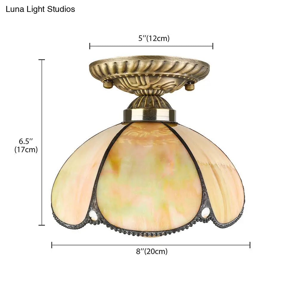 Tiffany Antique Art Glass Ceiling Light For Kitchen - Beige Domed Mount With 1 Head