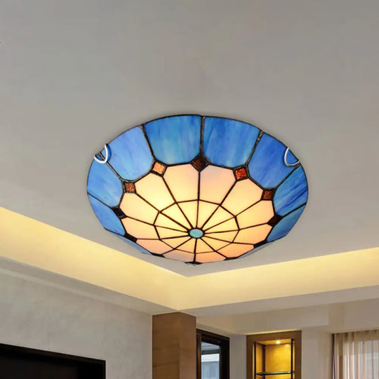 Tiffany Antique Art Glass Grid Bowl Ceiling Lamp In Blue/Orange/Yellow - 12’/16’ Width Bedroom