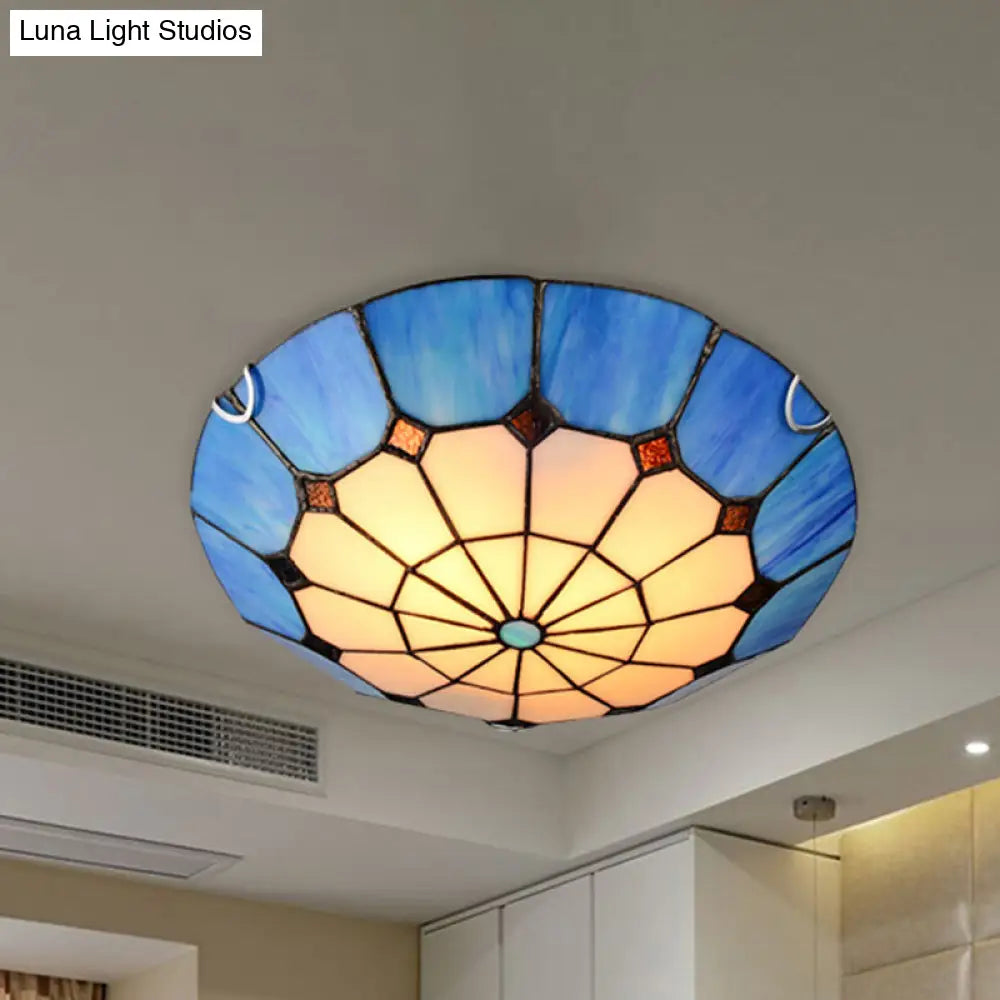 Tiffany Antique Art Glass Grid Bowl Ceiling Lamp In Blue/Orange/Yellow - 12/16 Width Bedroom Mount