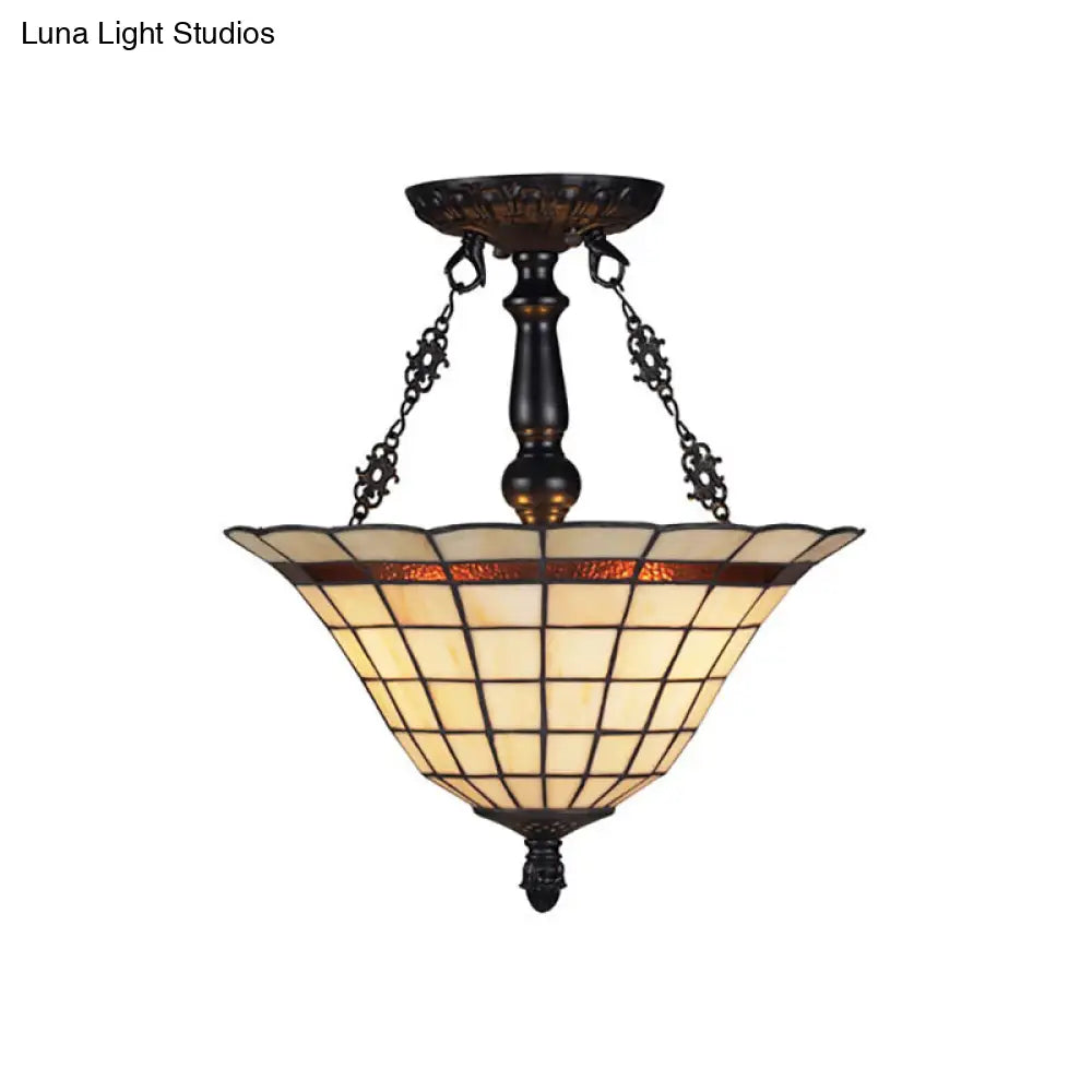 Tiffany Antique Glass Bell Chandelier Beige Inverted Pendant Light For Restaurants