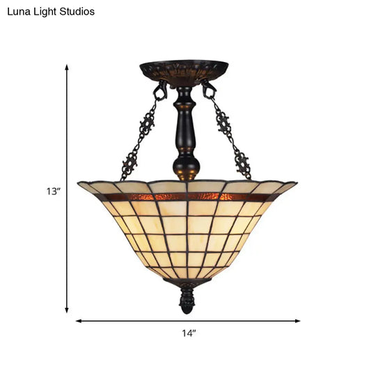 Tiffany Antique Glass Bell Chandelier Beige Inverted Pendant Light For Restaurants