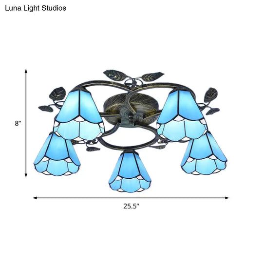 Tiffany Art Glass Ceiling Lamp - Lattice Domed Mount Light (5/9 Lights) In Blue/Sky Blue For Cloth