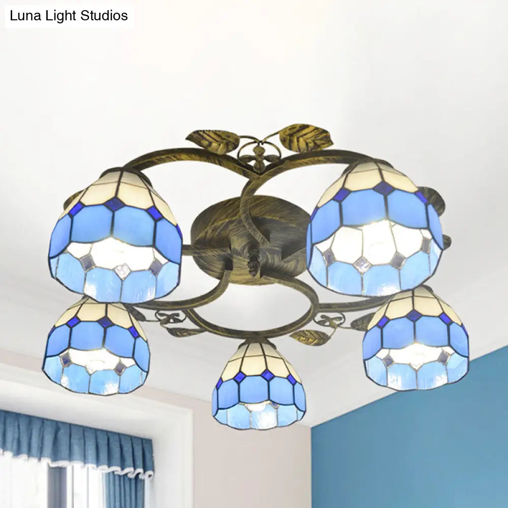 Tiffany Art Glass Ceiling Lamp - Lattice Domed Mount Light (5/9 Lights) In Blue/Sky Blue For Cloth