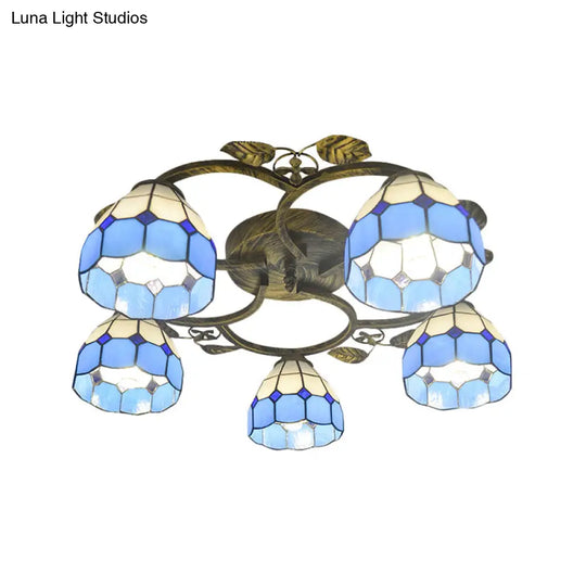 Tiffany Art Glass Ceiling Lamp - Lattice Domed Mount Light (5/9 Lights) In Blue/Sky Blue For Cloth