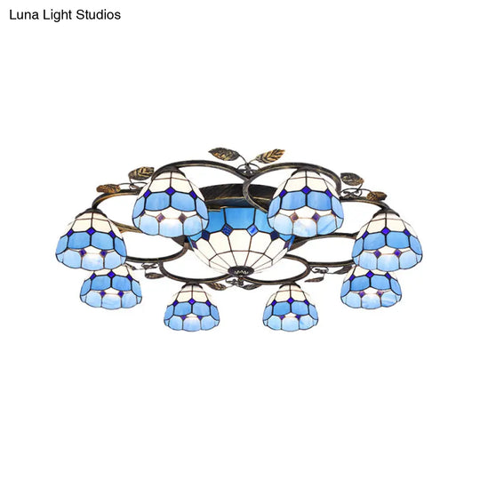 Tiffany Art Glass Ceiling Lamp - Lattice Domed Mount Light (5/9 Lights) In Blue/Sky Blue For Cloth