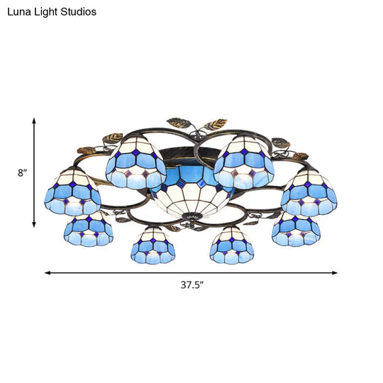 Tiffany Art Glass Ceiling Lamp - Lattice Domed Mount Light (5/9 Lights) In Blue/Sky Blue For Cloth