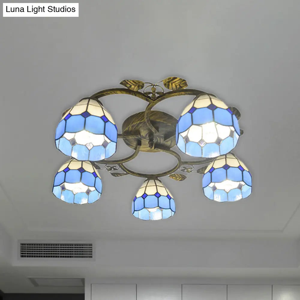 Tiffany Art Glass Ceiling Lamp - Lattice Domed Mount Light (5/9 Lights) In Blue/Sky Blue For Cloth