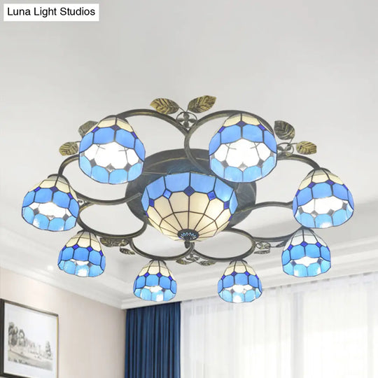 Tiffany Art Glass Ceiling Lamp - Lattice Domed Mount Light (5/9 Lights) In Blue/Sky Blue For Cloth