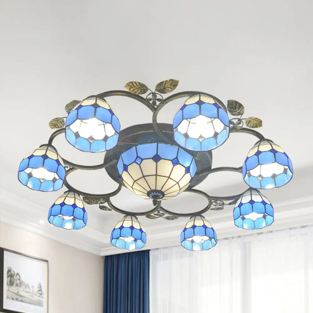 Tiffany Art Glass Ceiling Lamp - Lattice Domed Mount Light (5/9 Lights) In Blue/Sky Blue For Cloth