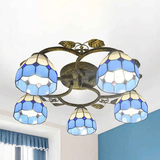 Tiffany Art Glass Ceiling Lamp - Lattice Domed Mount Light (5/9 Lights) In Blue/Sky Blue For Cloth