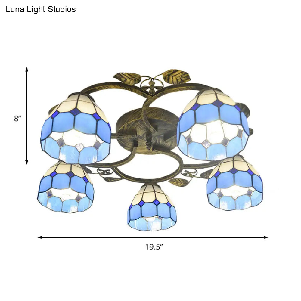 Tiffany Art Glass Ceiling Lamp - Lattice Domed Mount Light (5/9 Lights) In Blue/Sky Blue For Cloth