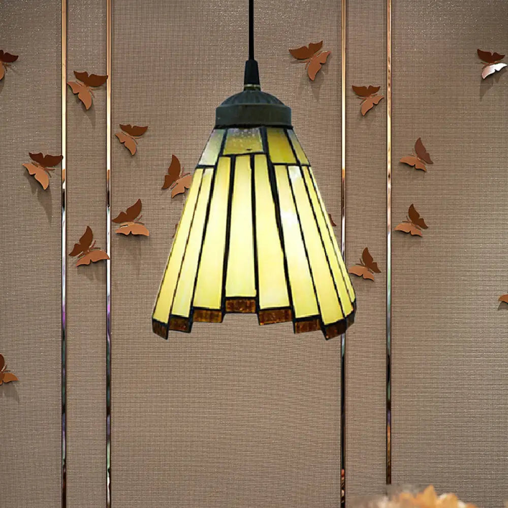 Tiffany Art Glass Cone Hanging Lamp Kit - 1 Light Mini Pendant Lighting (Beige) Beige