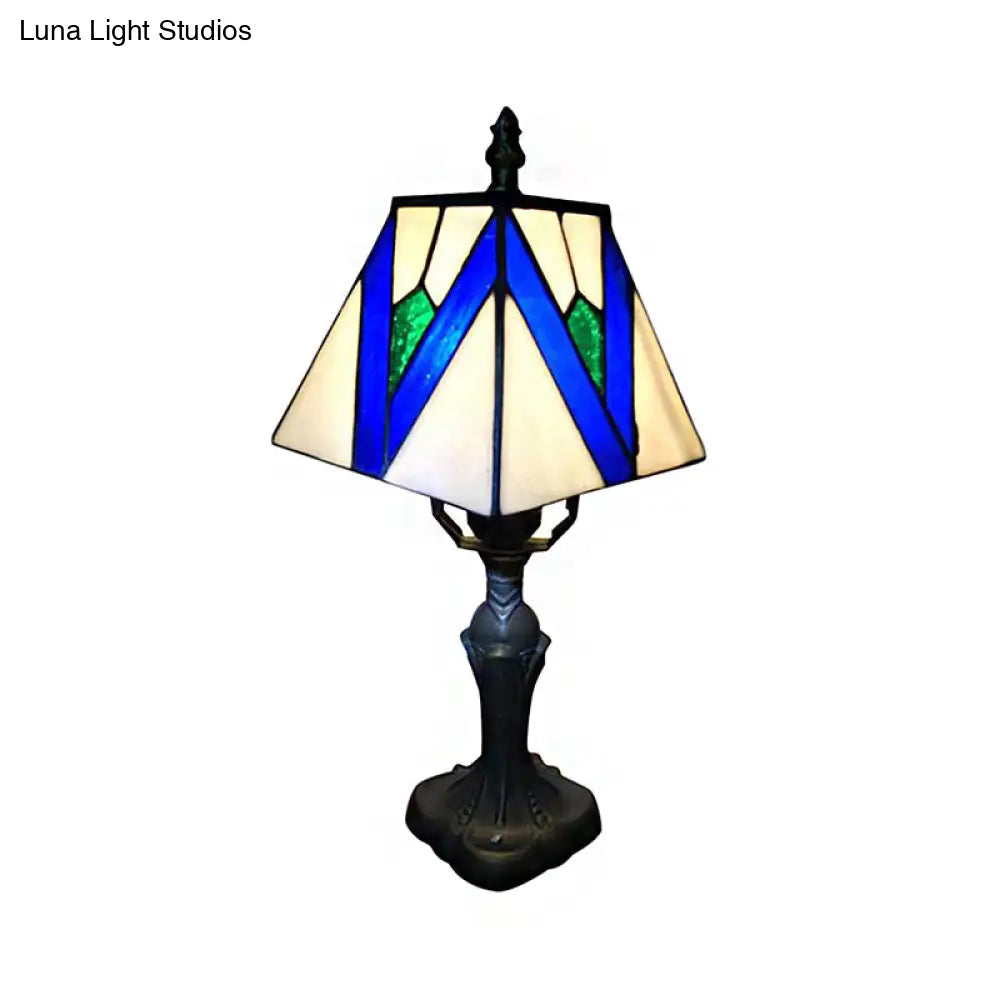 Tiffany Art Glass Desk Light: 1-Light Craftsman Reading Lamp In Blue/White For Bedroom Decor