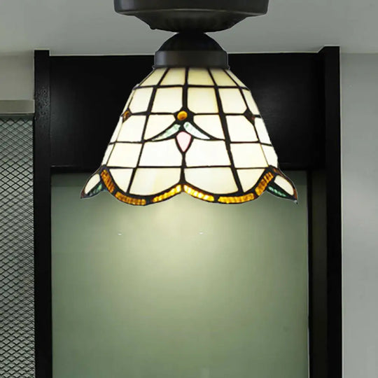 Tiffany Art Glass Dome Ceiling Light - White 6’/7’ Width Flush Mount For Hallway / 7’