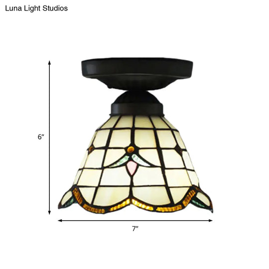 Tiffany Grid Dome Ceiling Light - 6/7 Width Art Glass Flush Mount In White For Hallway