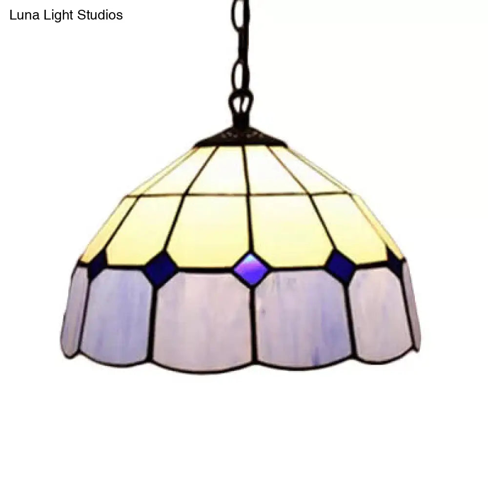 Tiffany Art Glass Dome Pendant Light - Beige/Orange/Blue 1 Bulb Ceiling Hang Fixture For Living