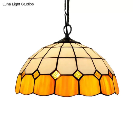 Tiffany Art Glass Dome Pendant Light - Beige/Orange/Blue 1 Bulb Ceiling Hang Fixture For Living