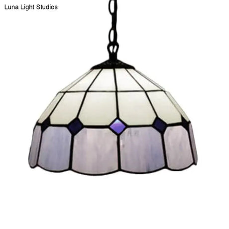 Tiffany Art Glass Dome Pendant Light - Beige/Orange/Blue 1 Bulb Ceiling Hang Fixture For Living