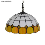 Tiffany Art Glass Dome Pendant Light - Beige/Orange/Blue 1 Bulb Ceiling Hang Fixture For Living