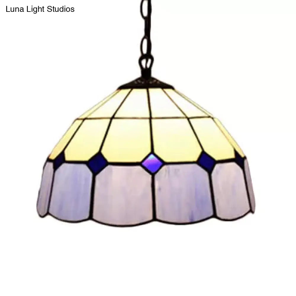 Beige/Orange/Blue Tiffany Dome Pendant Light - Stained Art Glass Ceiling Fixture For Living Room