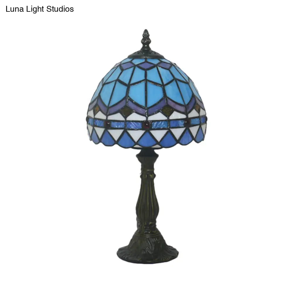 Tiffany Art Glass Night Lamp - Bowl Shaped Stained Table Lighting In Yellow/Blue