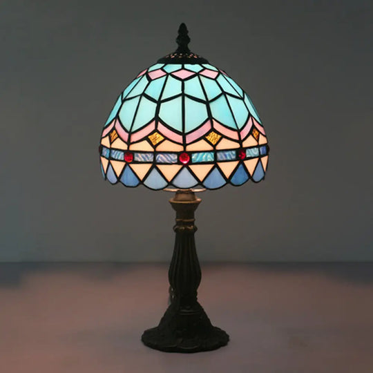 Tiffany Art Glass Night Lamp - Bowl Shaped Stained Table Lighting In Yellow/Blue Blue