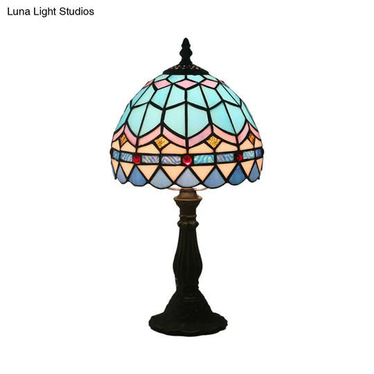 Tiffany Art Glass Night Lamp - Bowl Shaped Stained Table Lighting In Yellow/Blue