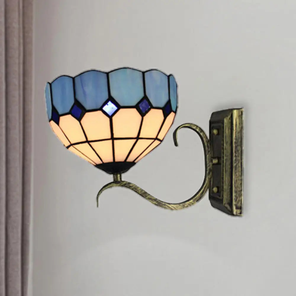 Tiffany Art Glass Wall Lamp - Classic Bowl Light In Antique Bronze For Bathroom Blue