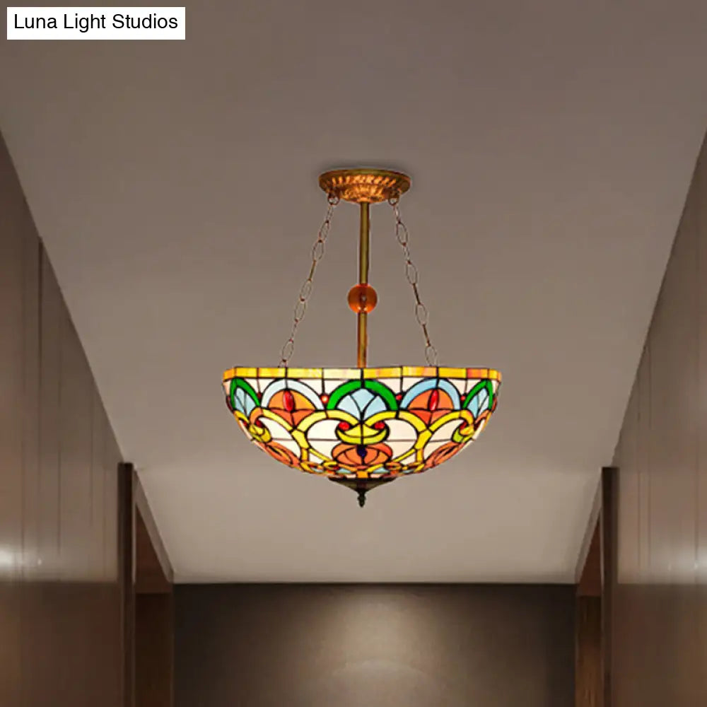 Tiffany Baroque Bowl Ceiling Light: Stained Glass Inverted Semi Flush Mount In Green/Red For Villas