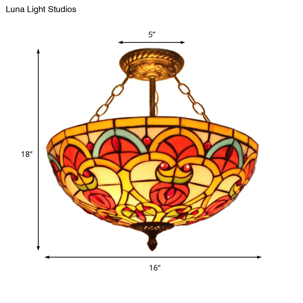Tiffany Baroque Bowl Stained Glass Ceiling Light - Green/Red Semi Flush Mount For Villas