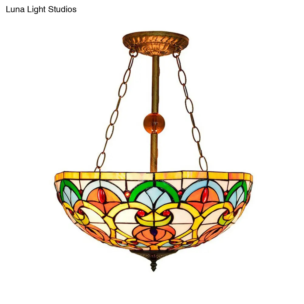 Tiffany Baroque Bowl Ceiling Light: Stained Glass Inverted Semi Flush Mount In Green/Red For Villas