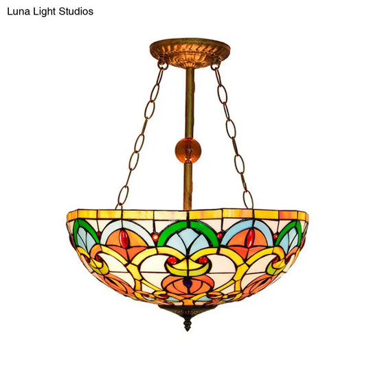 Tiffany Baroque Bowl Ceiling Light: Stained Glass Inverted Semi Flush Mount In Green/Red For Villas