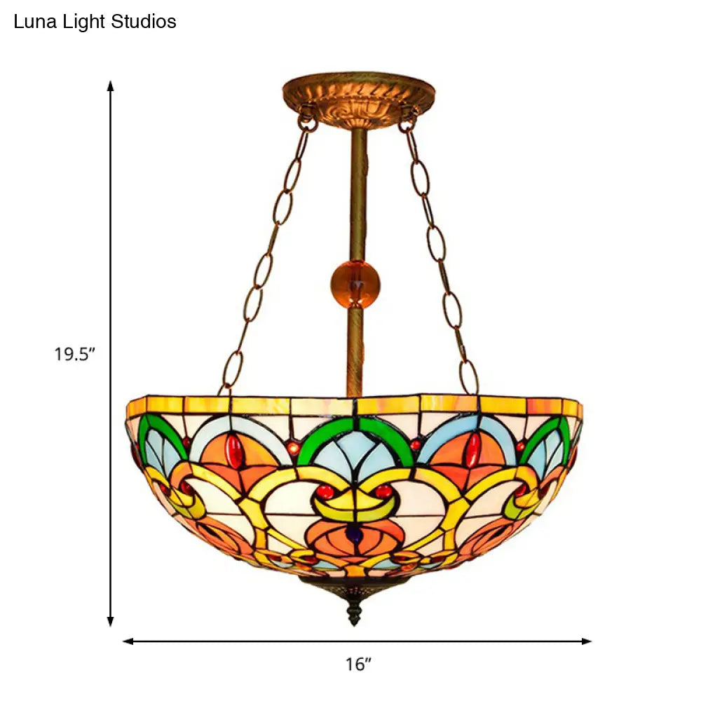 Tiffany Baroque Bowl Stained Glass Ceiling Light - Green/Red Semi Flush Mount For Villas