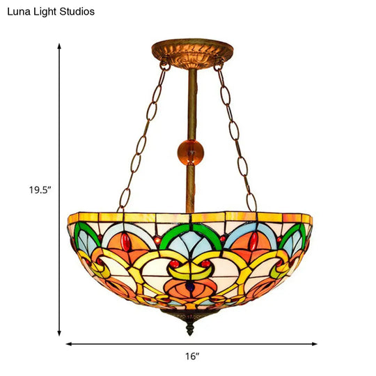 Tiffany Baroque Bowl Ceiling Light: Stained Glass Inverted Semi Flush Mount In Green/Red For Villas