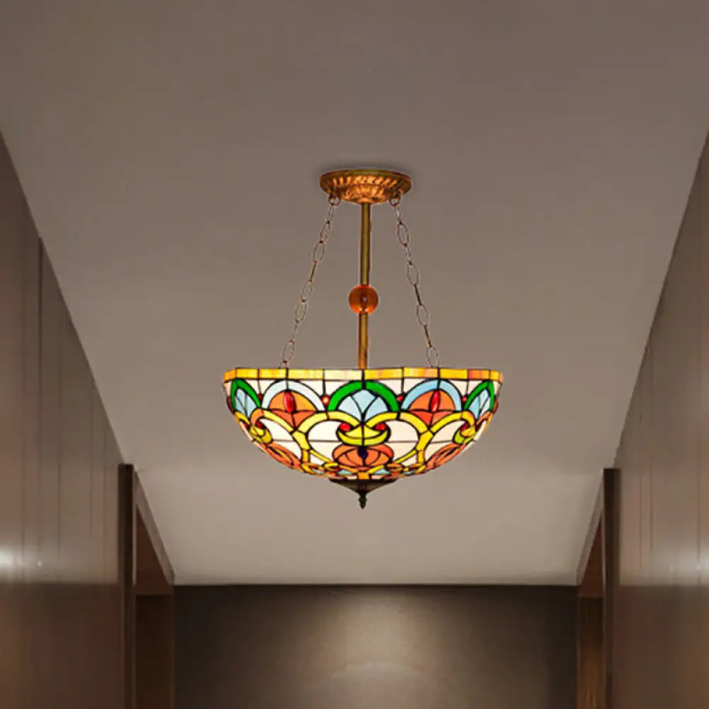 Tiffany Baroque Bowl Stained Glass Ceiling Light - Green/Red Semi Flush Mount For Villas Green