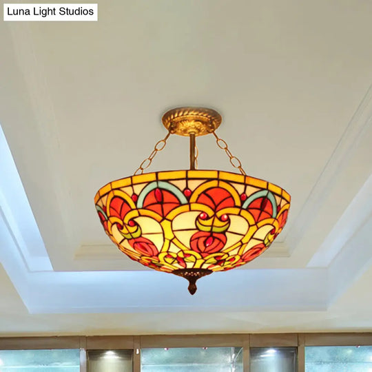 Tiffany Baroque Bowl Stained Glass Ceiling Light - Green/Red Semi Flush Mount For Villas