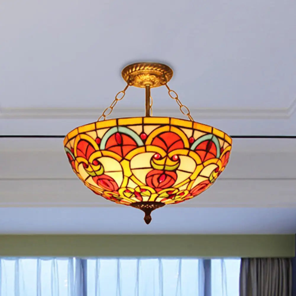 Tiffany Baroque Bowl Stained Glass Ceiling Light - Green/Red Semi Flush Mount For Villas Red