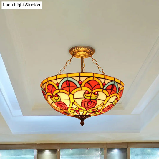 Tiffany Baroque Bowl Ceiling Light: Stained Glass Inverted Semi Flush Mount In Green/Red For Villas