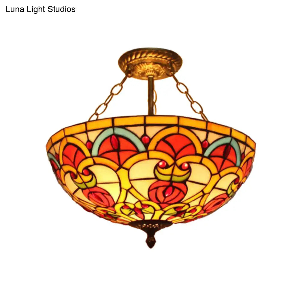 Tiffany Baroque Bowl Ceiling Light: Stained Glass Inverted Semi Flush Mount In Green/Red For Villas